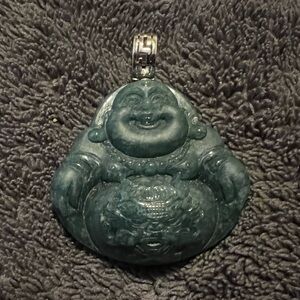 Custom Green Buddha Pendant with dragon face on belly and 14k white gold bail